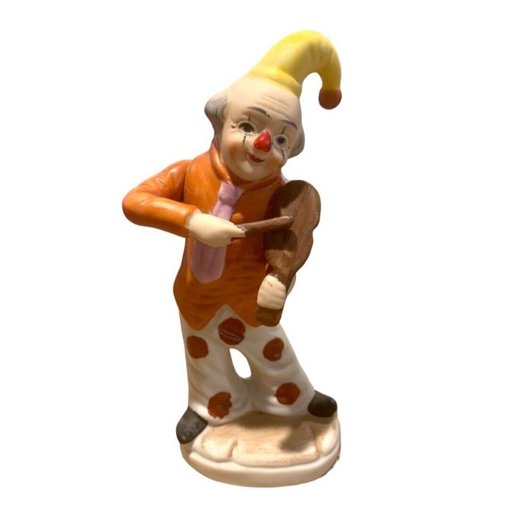 Vintage 1970s Hobo Clown 6" Figurine Musical Instrument Porcelain Made in Korea
